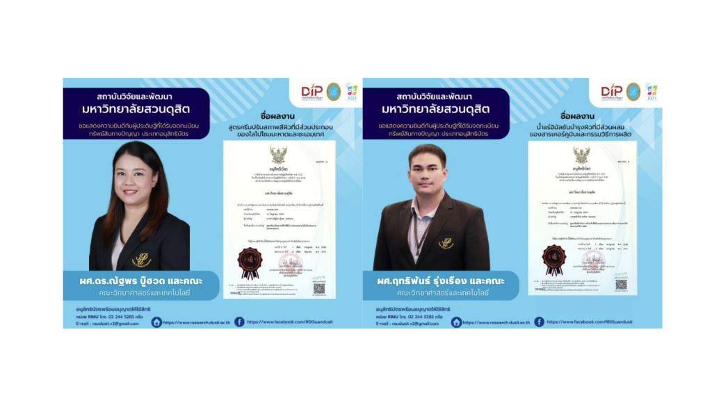 ขอแสดงความยินดีกับอาจารย์ประจำหลักสูตรวิทยาศาสตร์เครื่องสำอาง ผศ.ณัฐพร บู๊ฮวด และ ผศ.ฤทธิพันธ์ รุ่งเรือง ผู้ประดิษฐ์ ที่ผลงานได้รับการจดทะเบียนอนุสิทธิบัตรการประดิษฐ์