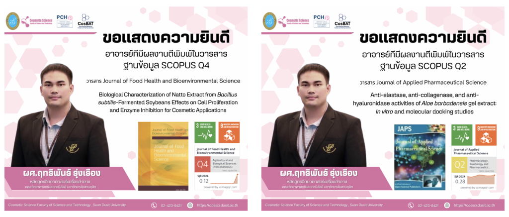 ขอแสดงความยินดี อาจารย์หลักสูตรวิทยาศาสตรบัณฑิต สาขาวิทยาศาสตร์เครื่องสำอาง คณะวิทยาศาสตร์และเทคโนโลยี มหาวิทยาลัยสวนดุสิต ที่ได้รับการตีพิมพ์ในวารสารวิชาการระดับนานาชาติ