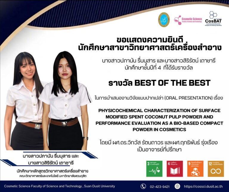 ขอแสดงความยินดี กับนักศึกษาสาขาวิทยาศาสตร์เครื่องสำอาง ชั้นปีที่ 4 นางสาวปภานัน รื่นนุสาร นางสาวสิริรัตน์ เถาชารี ที่ได้รับรางวัล BEST OF THE BEST ในการนำเสนองานวิจัยแบบปากเปล่า (Oral presentation)