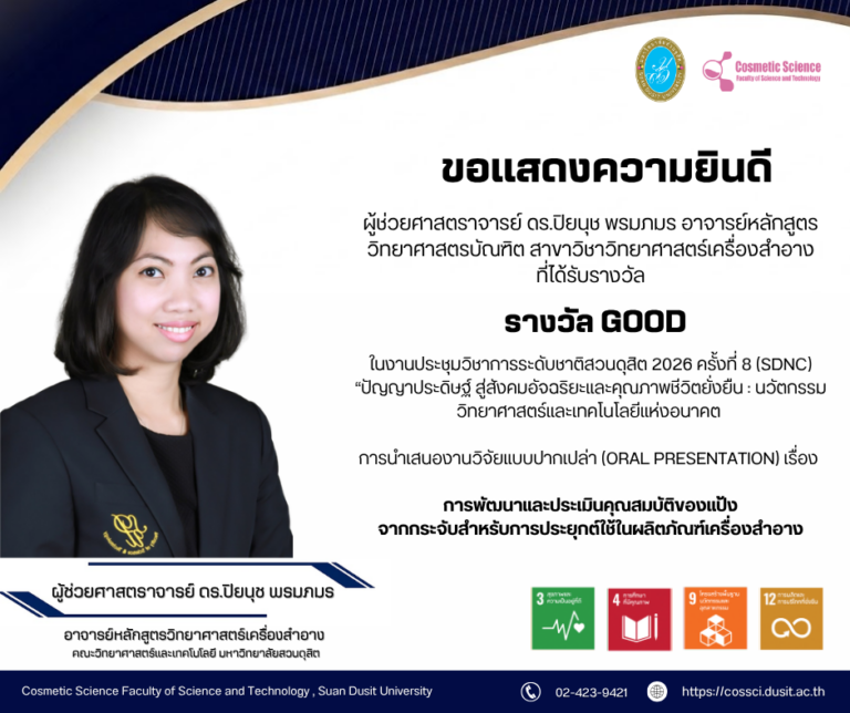 ขอแสดงความยินดี กับผู้ช่วยศาสตราจารย์ ดร.ปิยนุช พรมภมร อาจารย์หลักสูตรวิทยาศาสตรบัณฑิต สาขาวิชาวิทยาศาสตร์เครื่องสำอาง ที่ได้รับรางวัล  ที่ได้รับรางวัล  GOOD